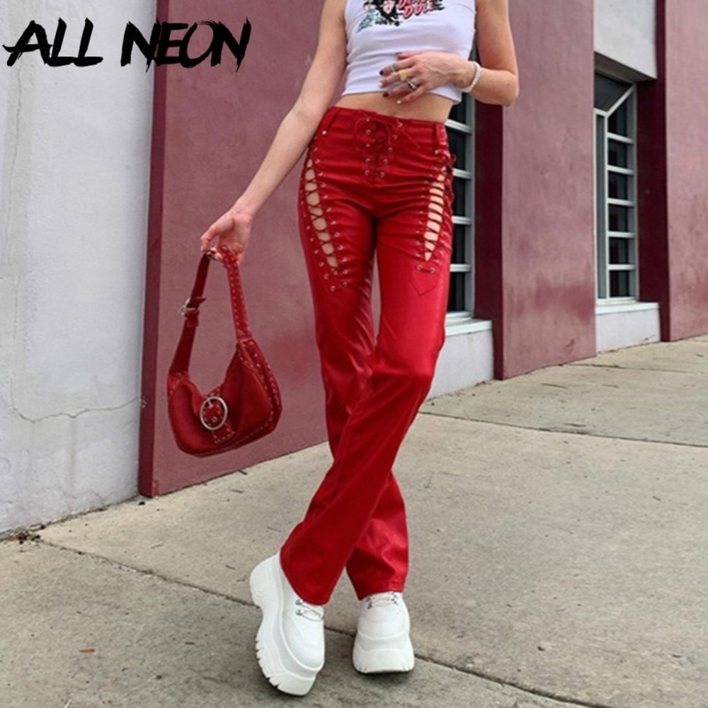 Do My Self lace-up faux leather flare pant